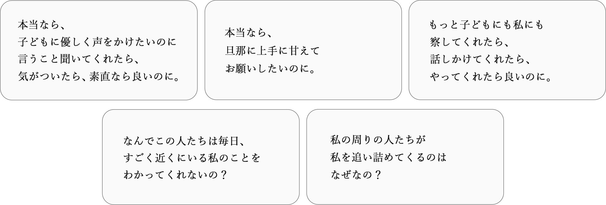 本当なら、
子どもに優しく声をかけたいのに
⾔うこと聞いてくれたら、気がついたら、素直なら良いのに。

本当なら、旦那に上⼿に⽢えてお願いしたいのに。
もっと子どもにも私にも察してくれたら、話しかけてくれたら、
やってくれたら良いのに。

なんでこの⼈たちは毎⽇、
すごく近くにいる私のことをわかってくれないの?
私の周りの⼈たちが私を追い詰めてくるのはなぜなの?